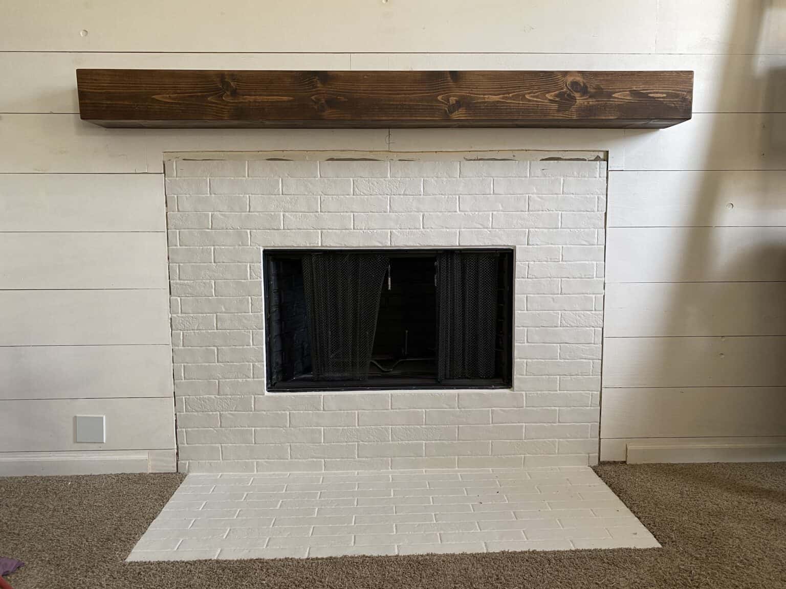 Our DIY Faux Brick Fireplace Restore Decor More   Fireplace Mantle Fully Mounted 1536x1152 