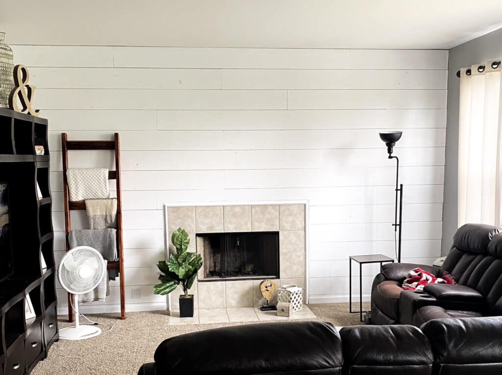 white shiplap wall complete diy using plywood