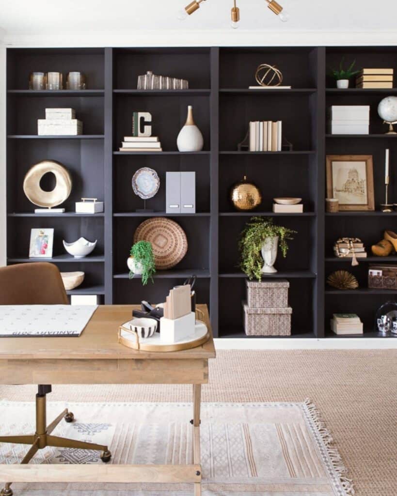 Black Painted Built In Bookshelves In Home Office