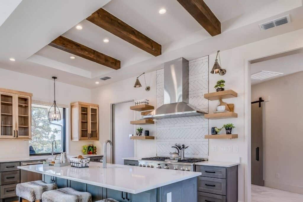 Wood beams on ceiling of kitchen