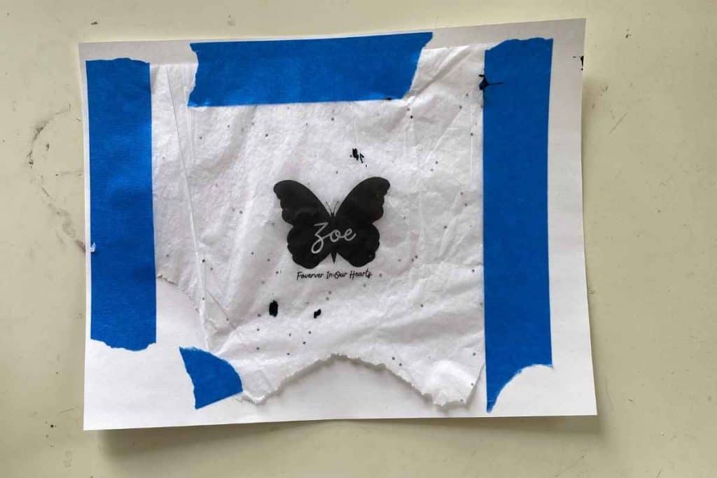 butterfly image with Zoe text printed on tissue paper