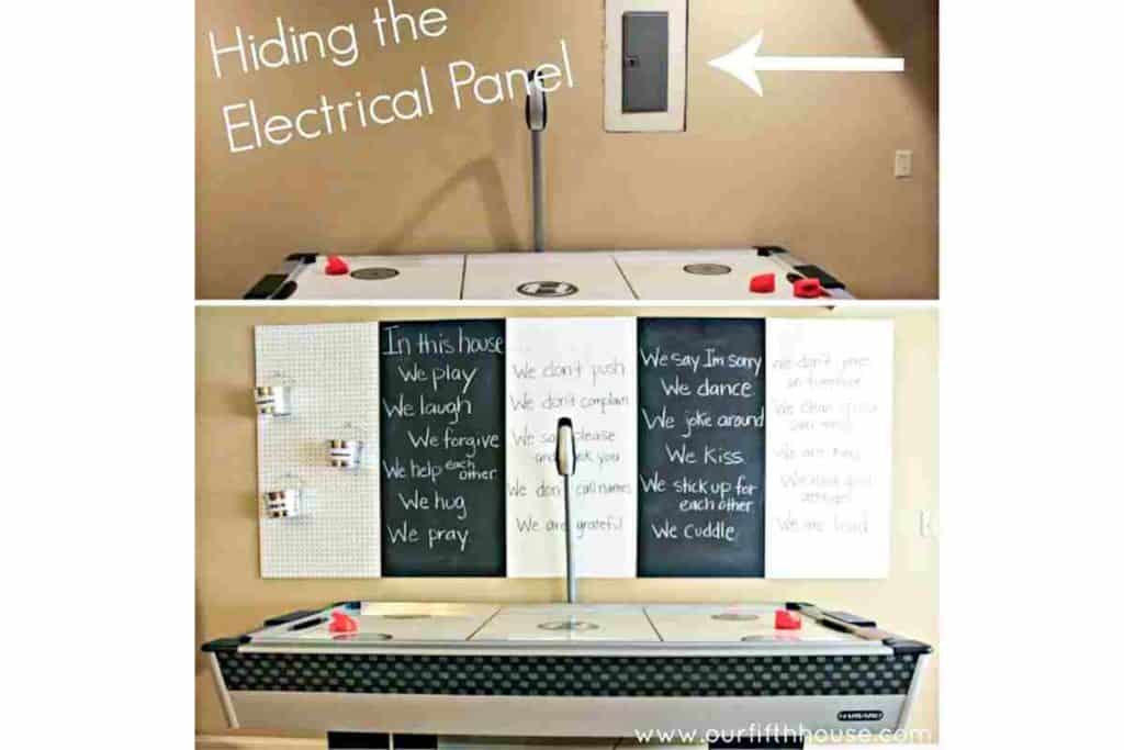 chalkboard and dry erase board hiding electrical panel