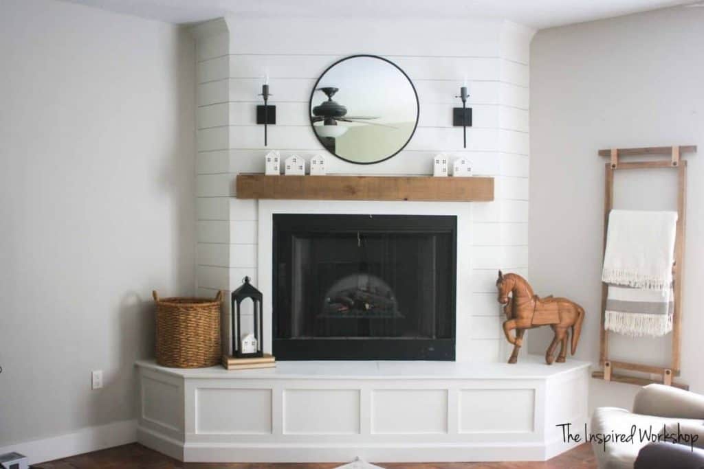corner white shiplap fireplace