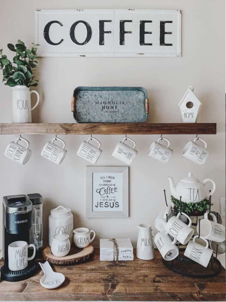 coffee bar with floating shelves and rae Dunn mugs