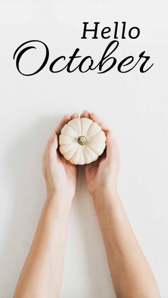 hello October wallpaper hand holding small white pumpkin