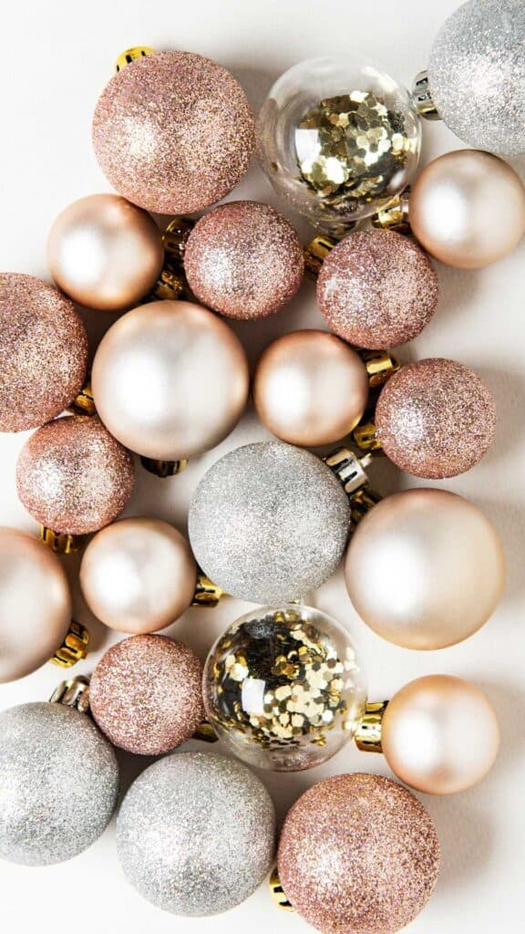 rose gold ornaments mixed with silver ornaments