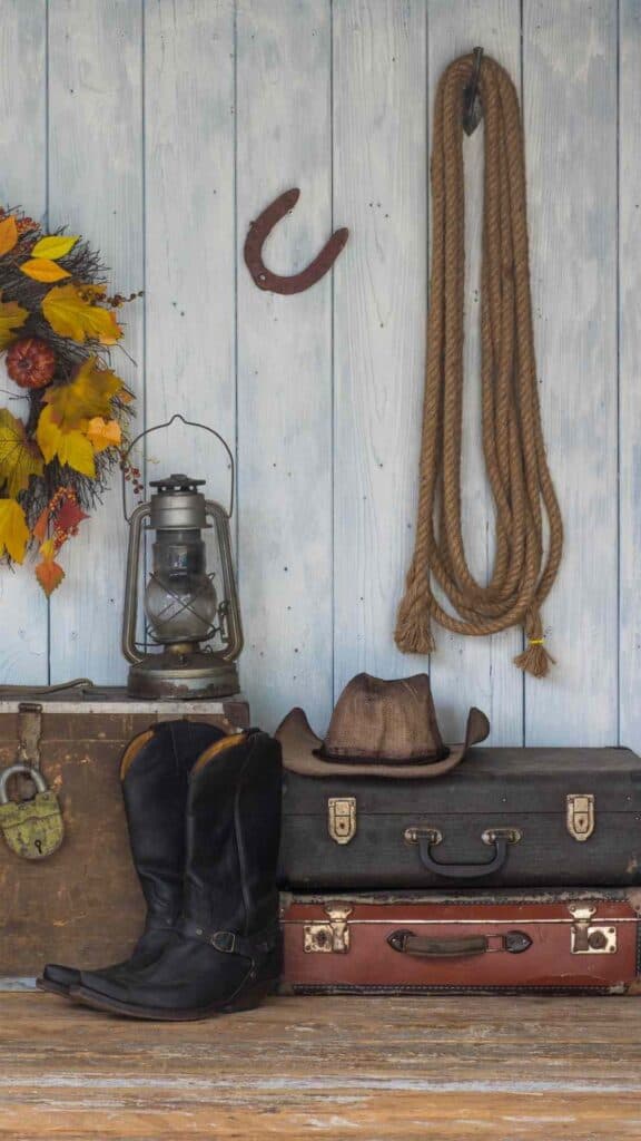 vintage aesthetic wallpaper boots, suitcase, rope, cowboy hat