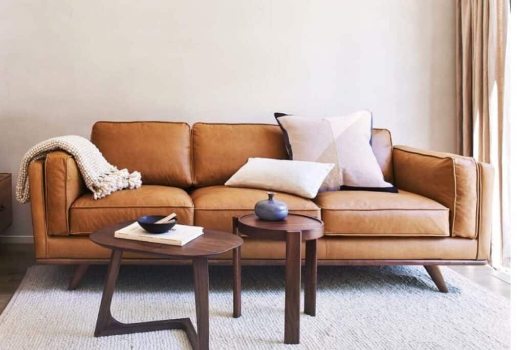 affordable leather sofa in cognac color