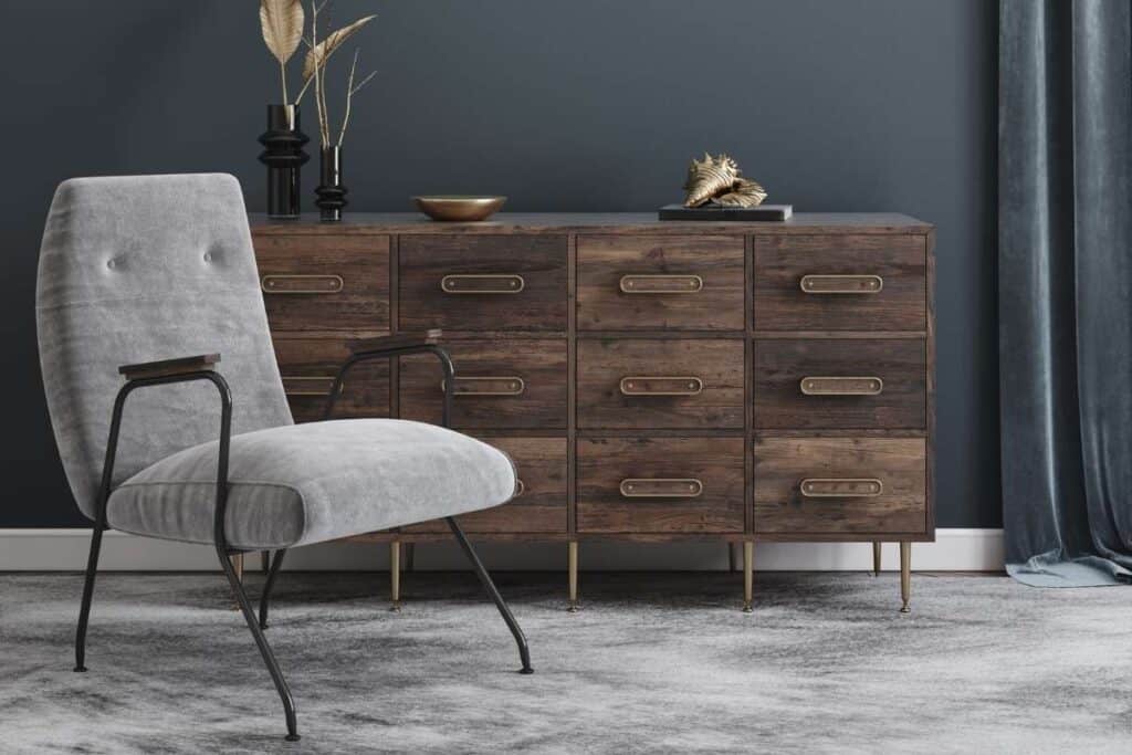 charcoal gray wall with brown furniture