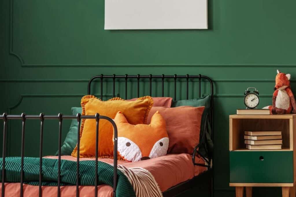 emerald green wall orange bedding