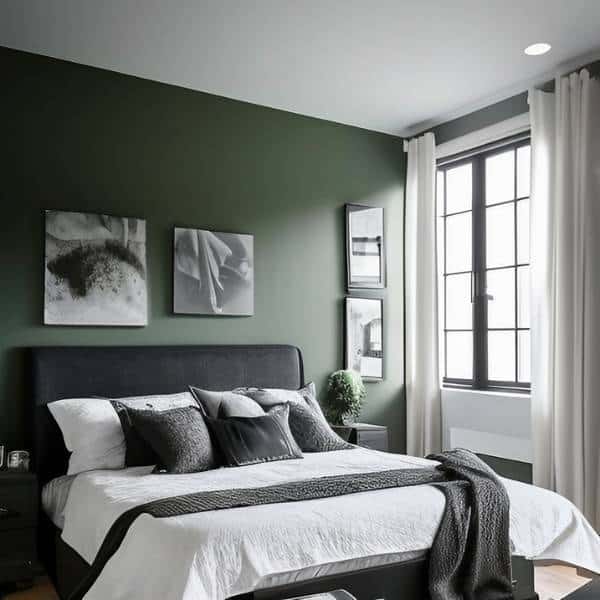 bedroom with hunter green wall and charcoal gray throw pillows and blanket