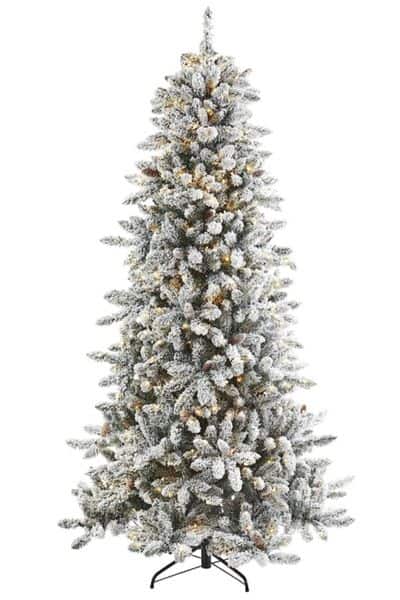 flocked Christmas tree with pine cones