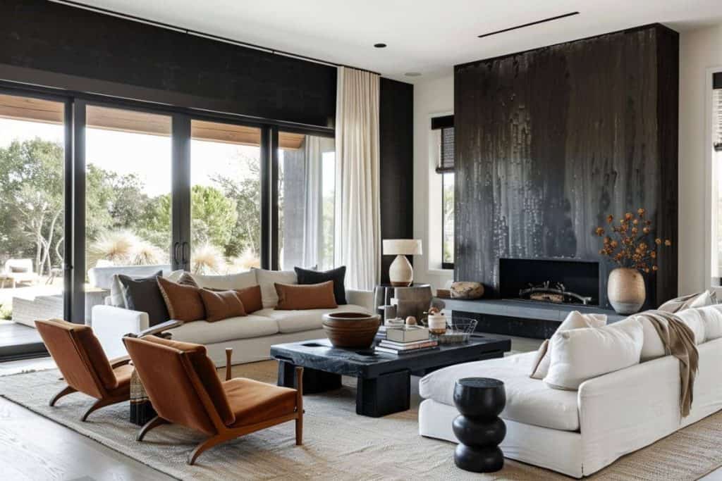 Spacious living room with a modern aesthetic, featuring a large black fireplace as the focal point and a variety of seating including tan leather chairs and a white couch.
