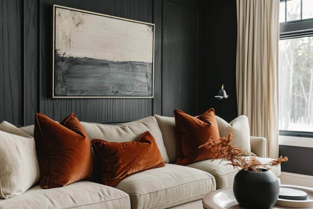 Modern living room corner with beige sofa adorned with rust velvet pillows, a black vase with dried flowers on a round side table, set against dark wood paneled walls and a large window.