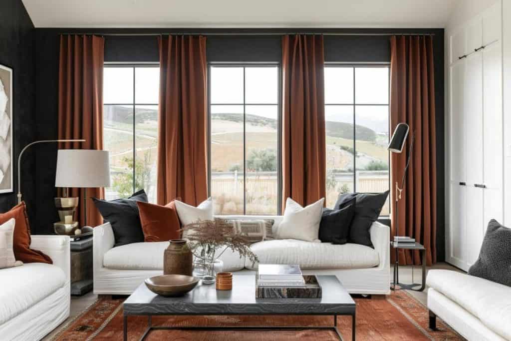Spacious living room with white sofas, rust curtains, a large central coffee table, and a panoramic window offering a view of rolling hills.
