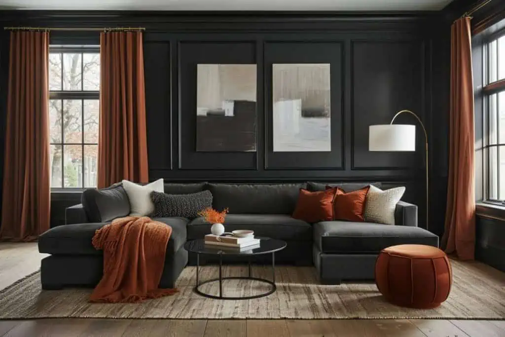 Luxurious black and rust living room featuring a charcoal sectional sofa, terracotta curtains, and abstract wall art