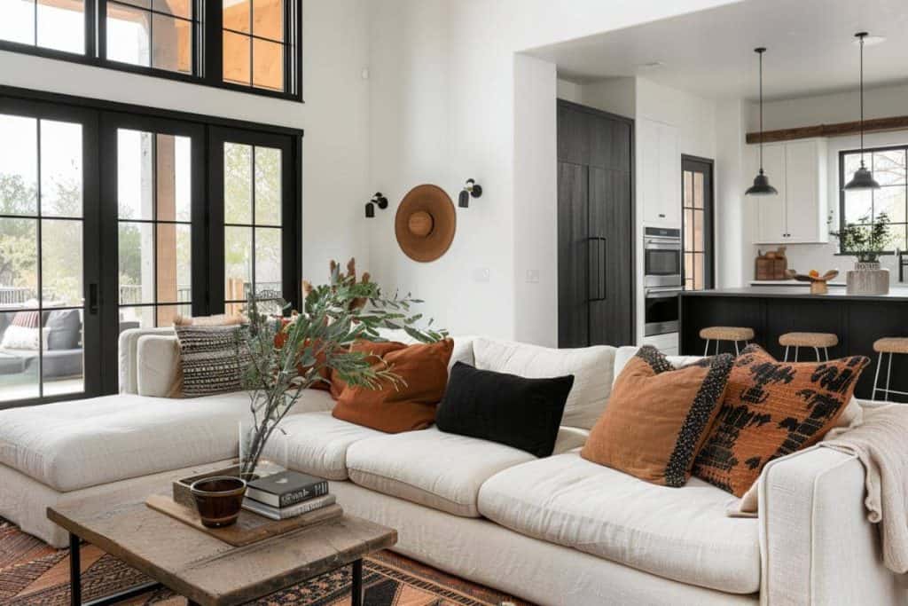 Open-concept living area with high ceilings, featuring a light sectional sofa with rust pillows, black kitchen cabinetry in the background, and a large wooden center table.