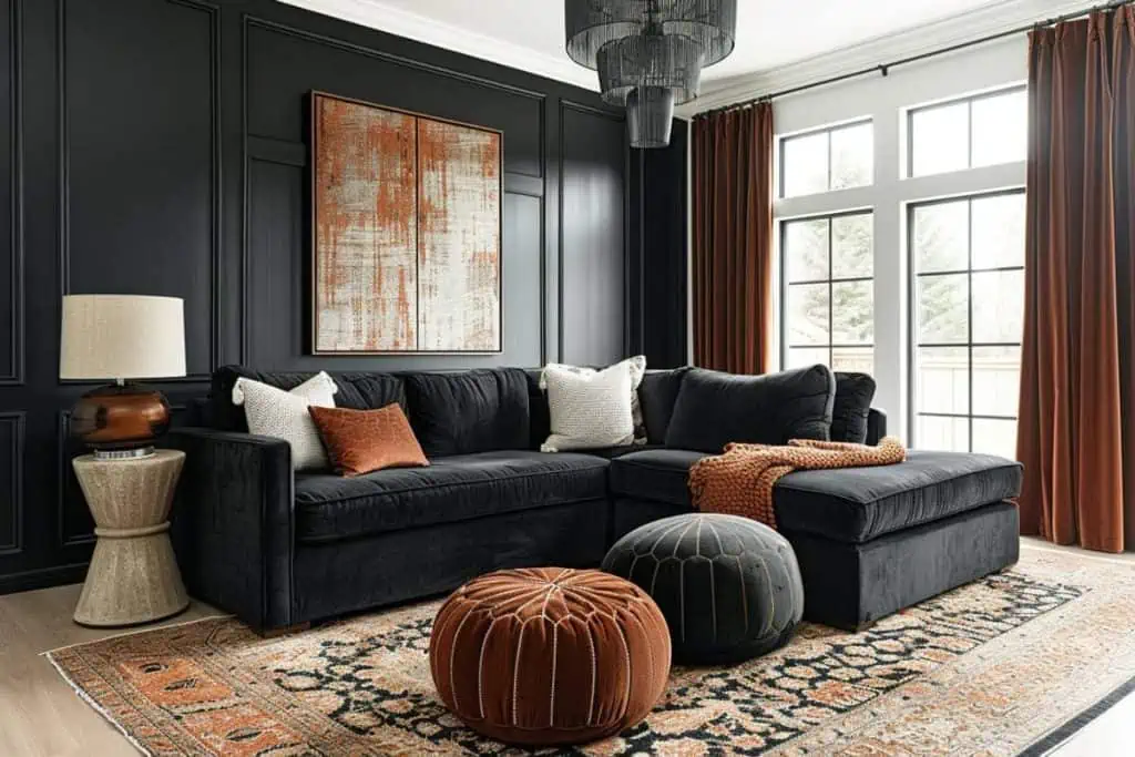 Elegant living room with black sectional, rust and white pillows, a patterned area rug, and a large painting above a black textured fireplace.