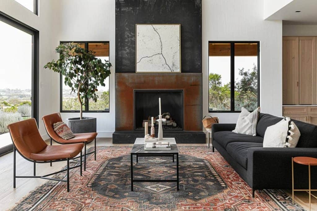 Cozy living space with two caramel leather chairs, a dark fireplace with an abstract painting above, and a plush black sofa in a room with tall windows.