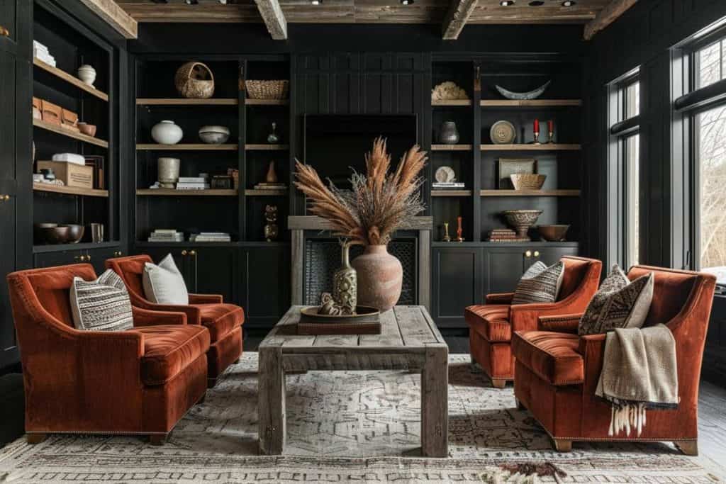 inviting living room with black built-in shelves, twin rust armchairs, a central coffee table, and a vase of dried flowers adding a touch of nature.