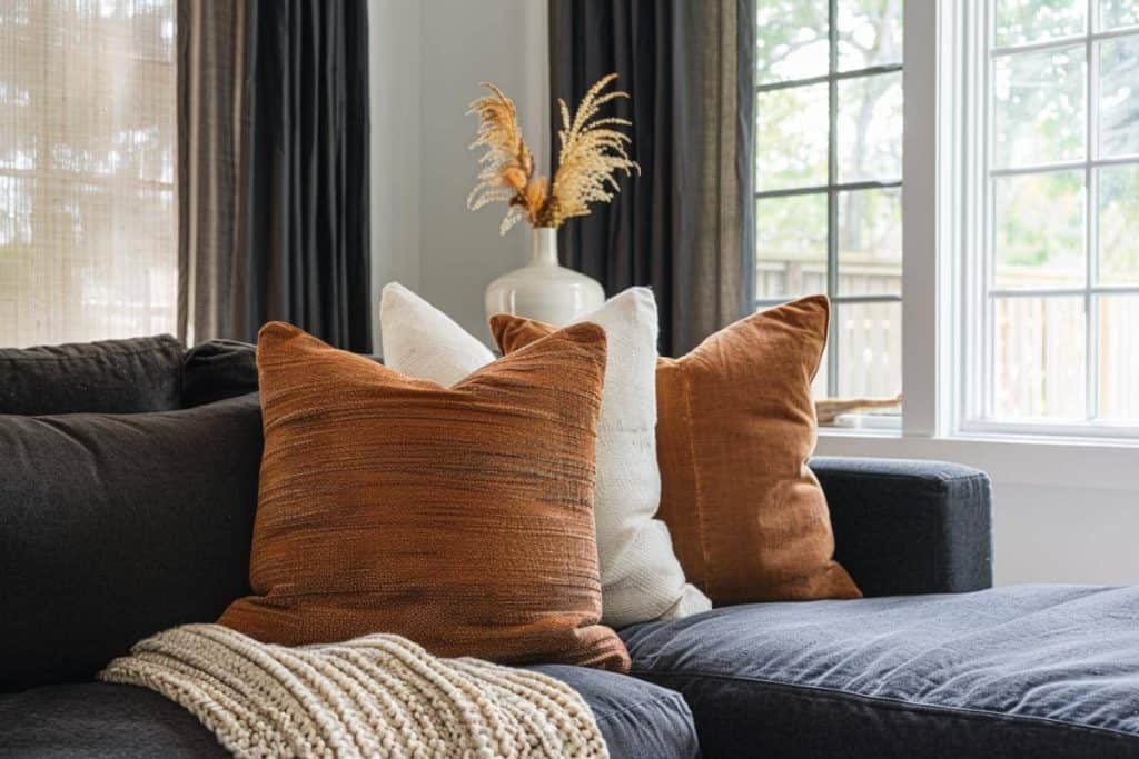 Close-up of a living room corner with a dark grey sofa, rust textured pillows, a cream knit throw, and a white vase with dried floral arrangements.