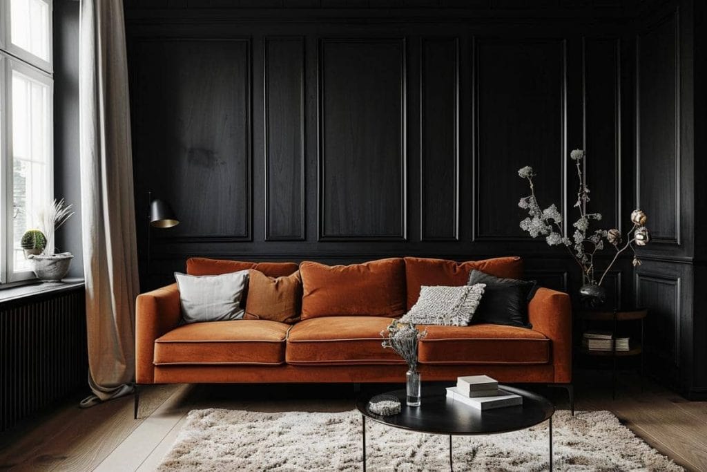 Elegant dark-themed living room boasting a burnt orange velvet sofa against a black paneled wall, accented by a soft white throw and a glass coffee table.