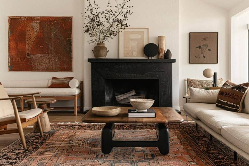 Warm and inviting living space with a textured black fireplace, adorned with abstract wall art and furnished with mid-century modern elements and a richly patterned rug.