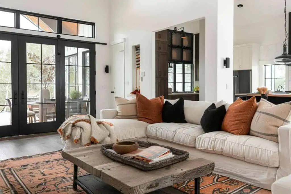 Bright living room with contrasting black French doors, a cozy beige sectional sofa adorned with orange and black pillows, and a rustic wooden coffee table.