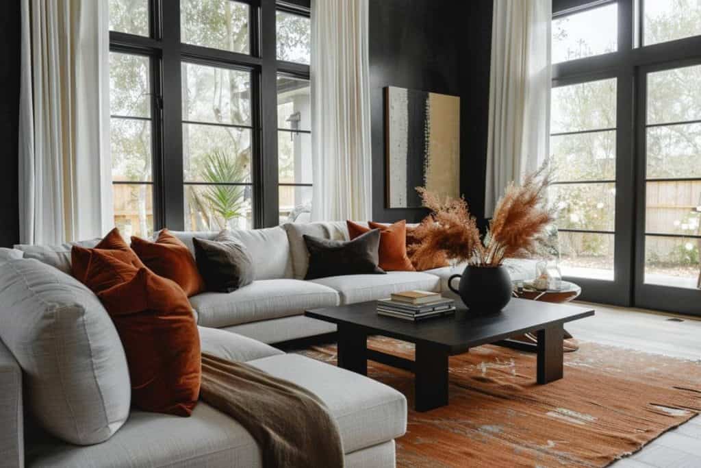 Contemporary living room with a large off-white sectional sofa, featuring rust-colored cushions, set against a backdrop of tall black-framed windows.