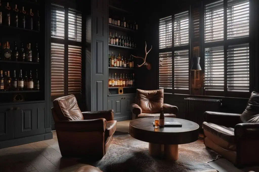 A dimly-lit whiskey lounge with a collection of bottles on dark wood shelves, a deer antler wall mount, leather chairs, and a herringbone wood floor.