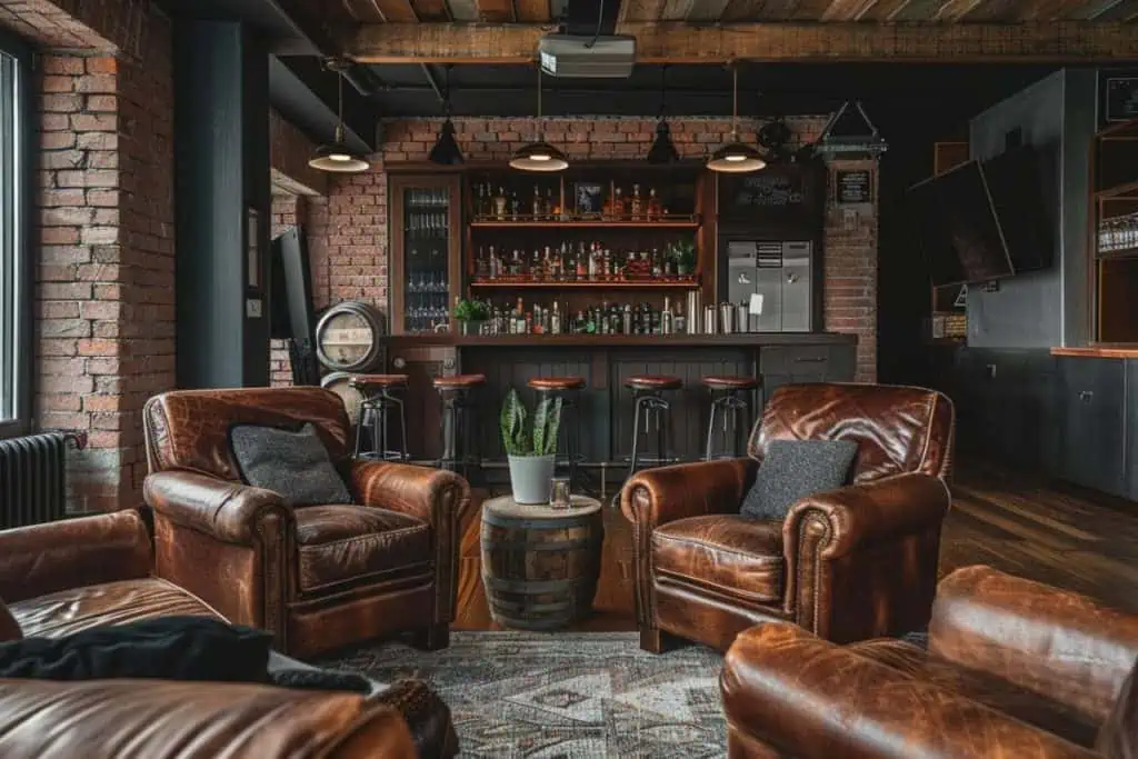 Industrial-themed whiskey lounge with exposed brick walls, leather armchairs, a barrel table, and a well-stocked bar under pendant lights.
