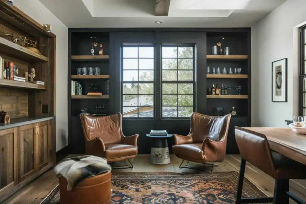 Tranquil whiskey lounge with tan leather armchairs, dark wooden shelving, and a rustic bookcase against light gray walls near a large window.