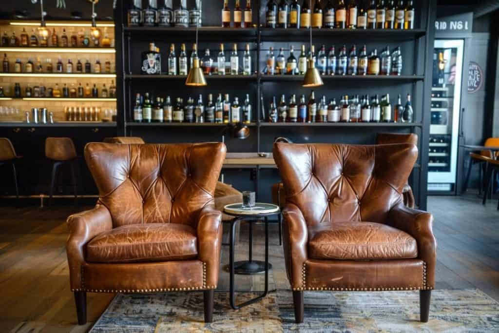Classic whiskey lounge atmosphere with studded leather armchairs, round metal table, and a background of shelves with assorted whiskey bottles.