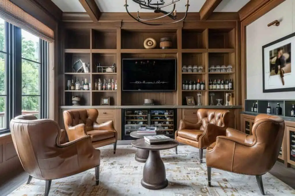 Elegant home library and whiskey lounge with rich wooden shelves, tufted leather armchairs, and a flat-screen TV mounted between storage cabinets.