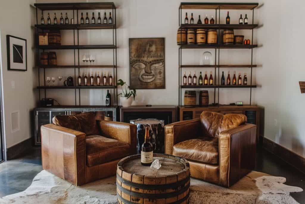 Contemporary whiskey lounge with modern leather chairs, a vintage barrel side table, and open shelving displaying various whiskey bottles and bar tools.