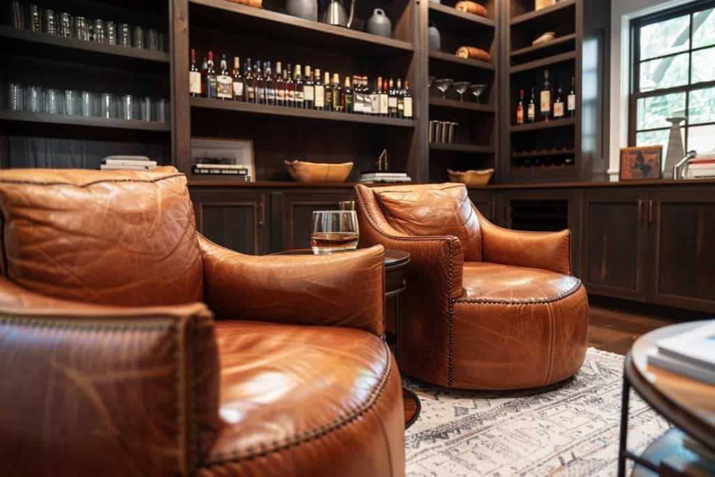 Cozy whiskey corner with circular wooden table, leather swivel chairs, and a glass display of fine whiskeys against dark wood paneled shelves.