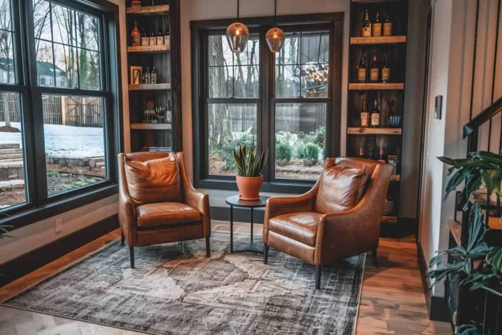 Modern whiskey lounge corner with plush leather armchairs, minimalist table, and a shelving unit filled with whiskey bottles by large windows.