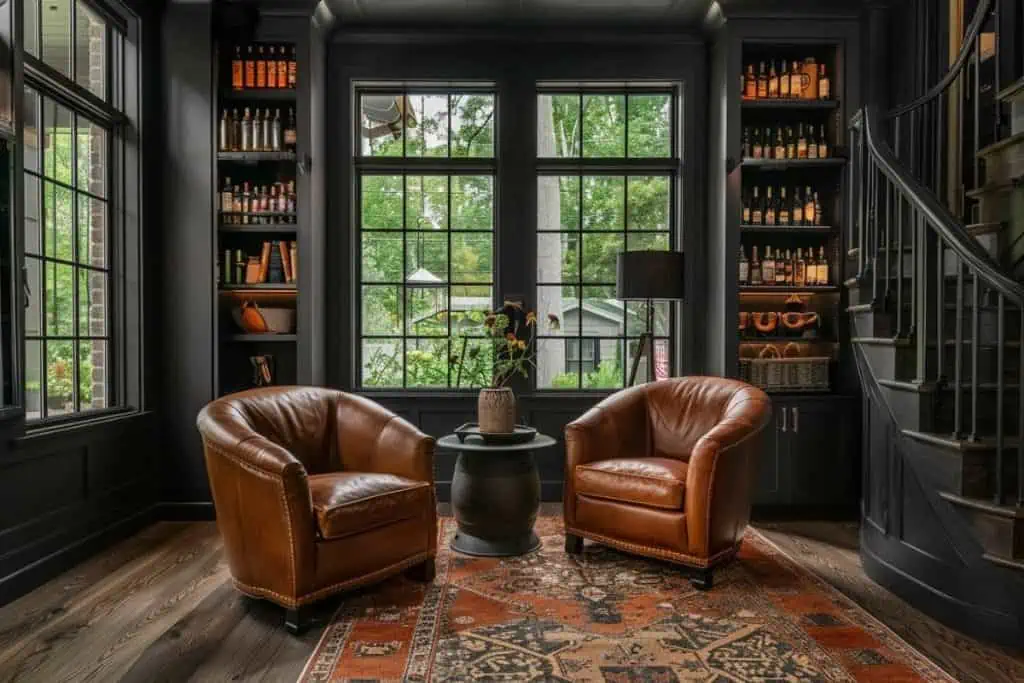 Luxurious whiskey lounge featuring a plush leather sofa and armchairs, rich wooden accents, and shelves lined with a variety of whiskey bottles.