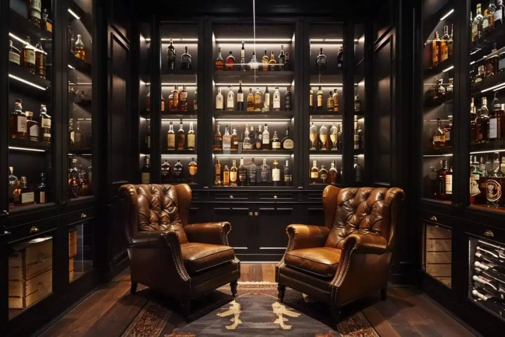 Opulent whiskey tasting room with illuminated black shelves filled with premium whiskeys, complemented by studded leather chairs and a patterned rug.