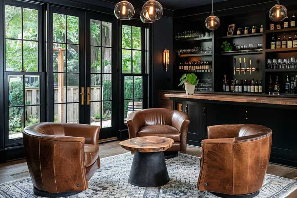 Chic whiskey lounge with barrel-shaped leather chairs, a unique center table, and minimalist shelving with assorted whiskey bottles under stylish pendant lights.