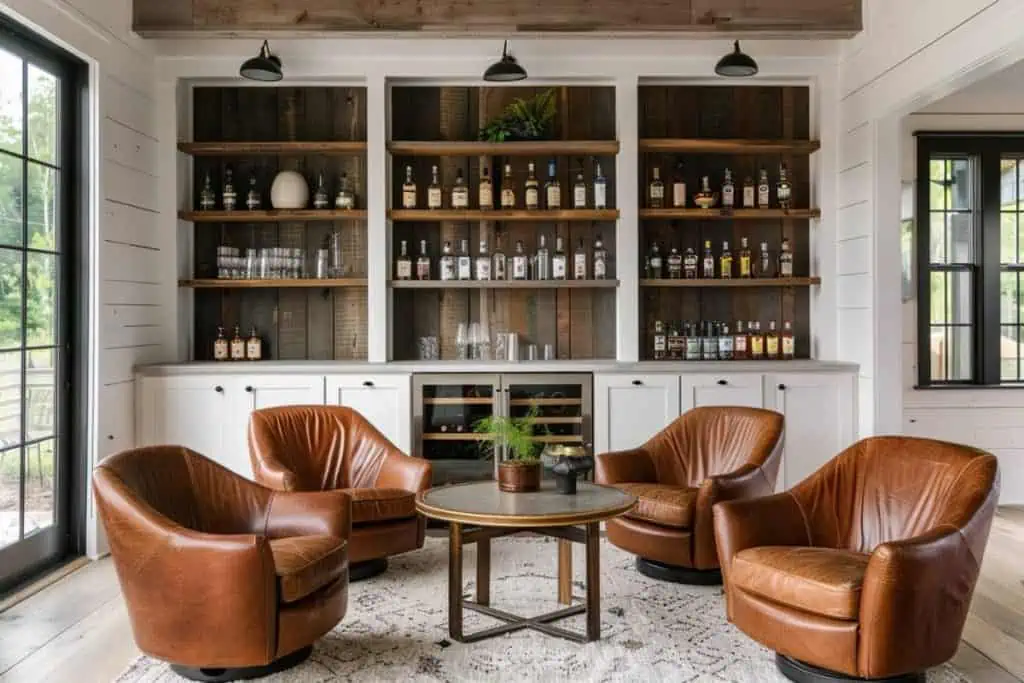 Bright and welcoming whiskey lounge with swivel leather armchairs, wooden round table, and well-stocked shelves against white cabinetry and a backdrop of greenery.