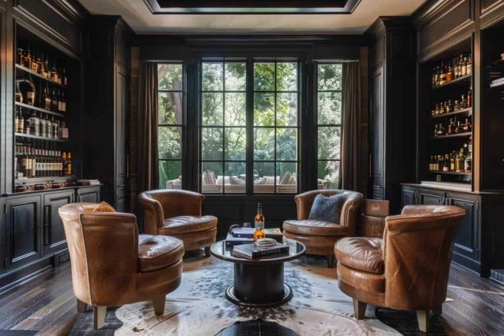 A cozy home whiskey lounge featuring a herringbone wood floor, dark wood-paneled walls, a central round wooden table, and four vintage leather armchairs. A well-stocked built-in wall bar adds a sophisticated touch.
