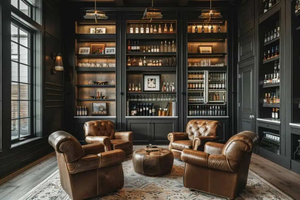 A luxurious home whiskey lounge with leather tufted armchairs centered around a circular leather ottoman, atop an ornate rug. Dark paneled walls showcase shelves filled with a variety of whiskey bottles, warmly lit by overhead lamps.