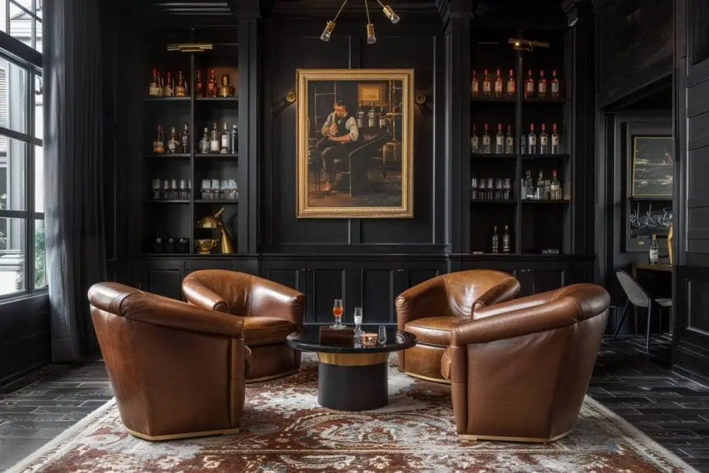 A traditional whiskey lounge with black wood-paneled walls and a large central painting above a leather sofa. The room is completed with leather armchairs, a round wooden table, and a built-in shelving unit displaying whiskey bottles.