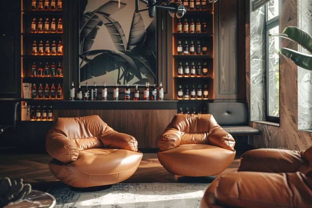 An airy whiskey lounge with a modern twist, featuring two unique puffy leather chairs and a large abstract wall painting. The room has a natural wood bar with a diverse selection of whiskey on open shelves, bathed in warm sunlight.