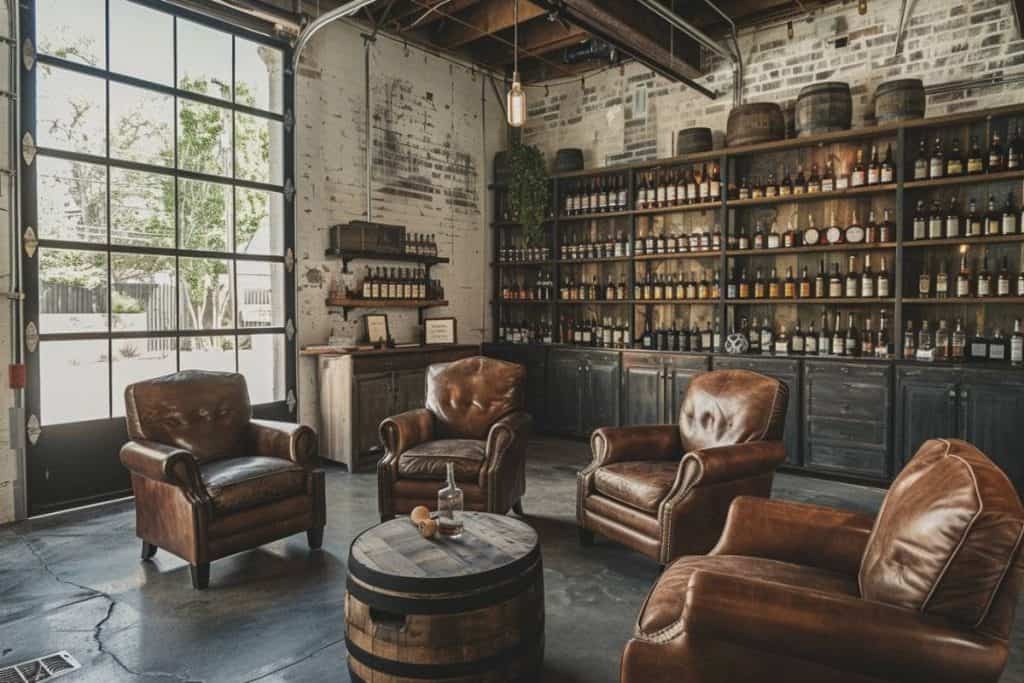 A rustic-style whiskey lounge with exposed brick walls and industrial windows. The space includes dark wood furnishings, leather armchairs, and a whiskey barrel table, creating an inviting vintage atmosphere.
