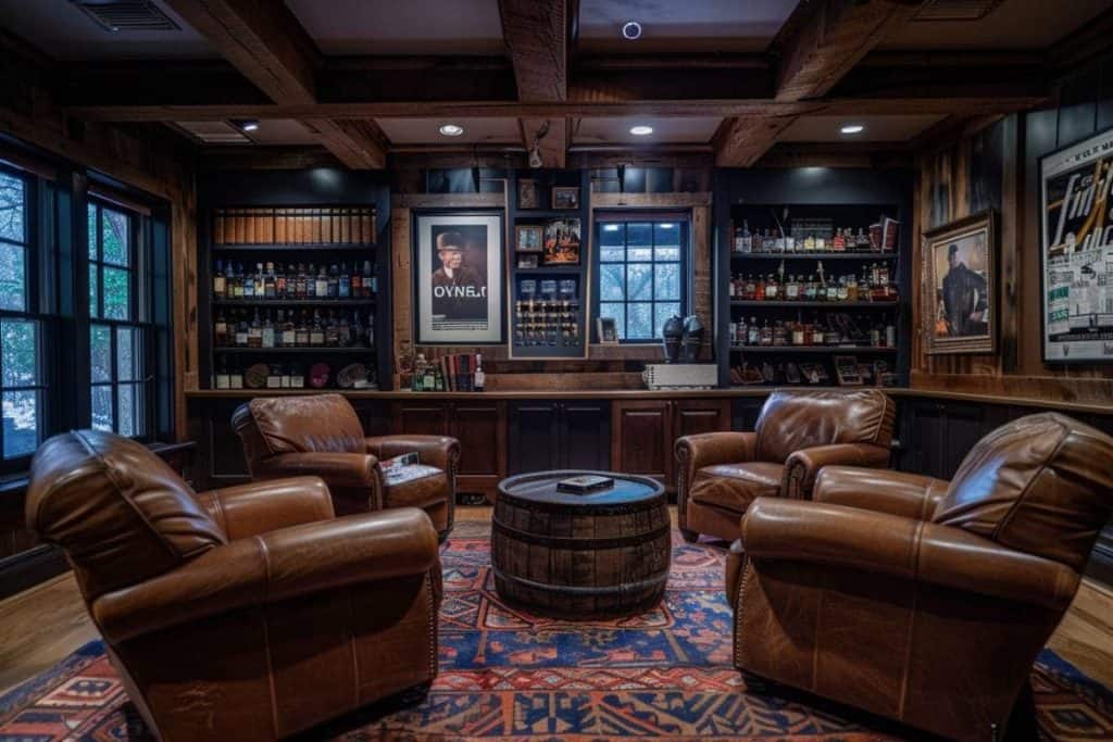 A warm, wood-paneled home whiskey lounge with an overhead chandelier, leather armchairs, and a barrel table on a red oriental rug. The walls are adorned with framed posters, adding character to the room.