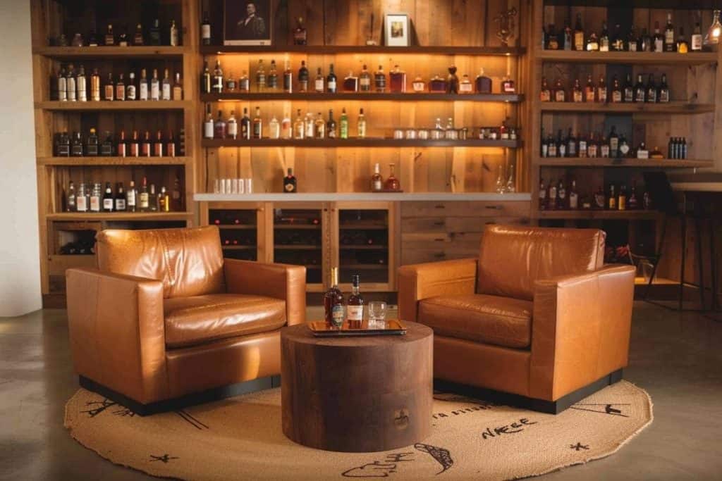 A minimalist home whiskey lounge with a light wood bar showcasing an array of whiskey bottles, paired with golden-brown leather chairs and a simple wooden round table on a woven rug.