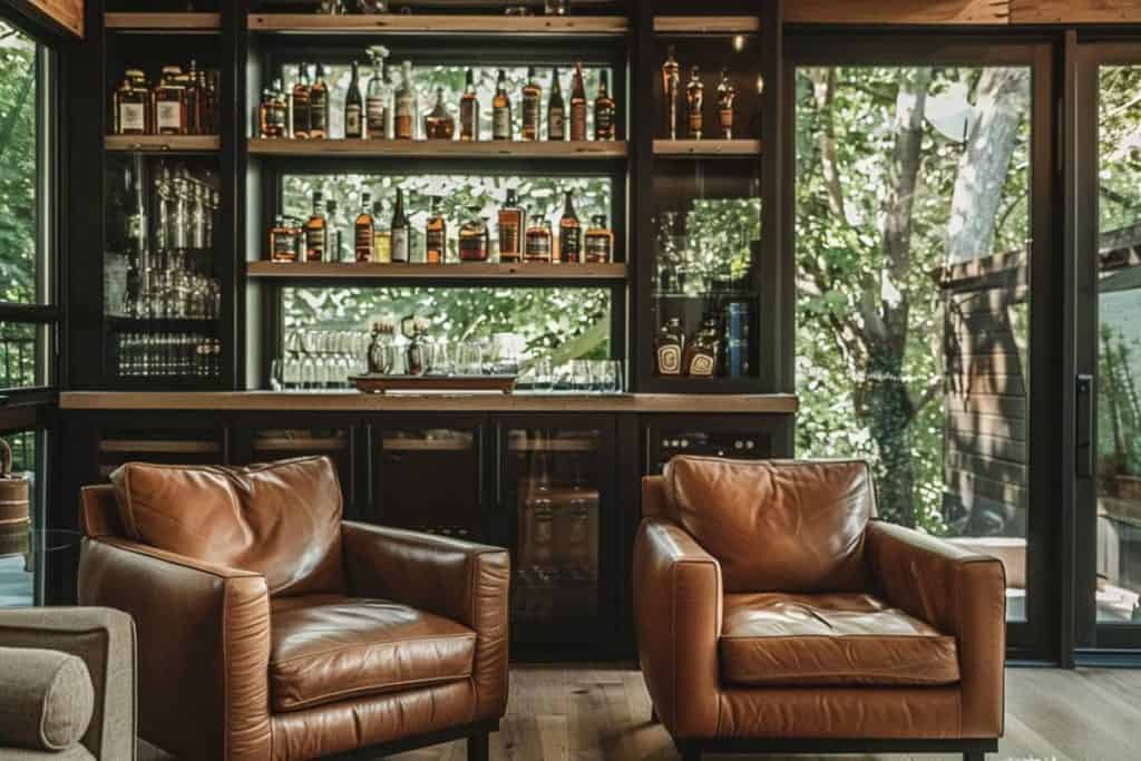 A bright and modern whiskey lounge with floor-to-ceiling windows, overlooking a forest. The room features dark cabinetry with an impressive whiskey collection and comfortable caramel leather chairs.