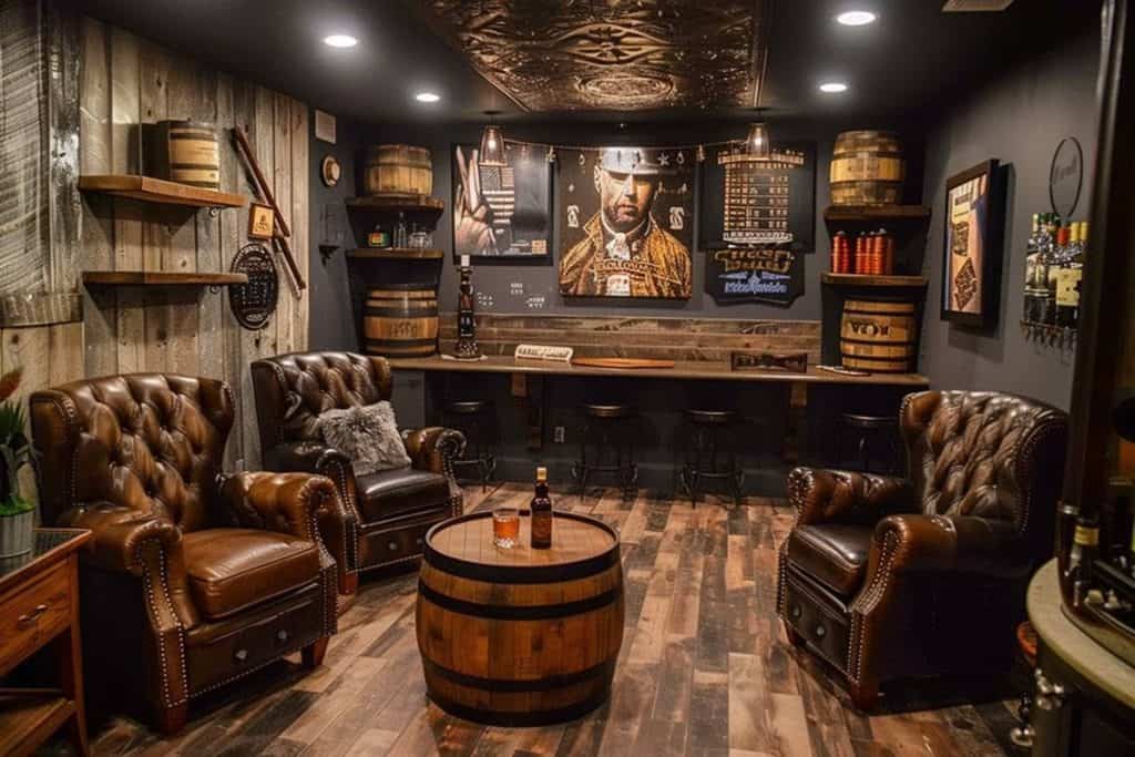 A home whiskey lounge with a speakeasy vibe, featuring dark wood paneling, leather armchairs, and a custom bar. A large poster of a bearded man and darts board add to the room's unique character.